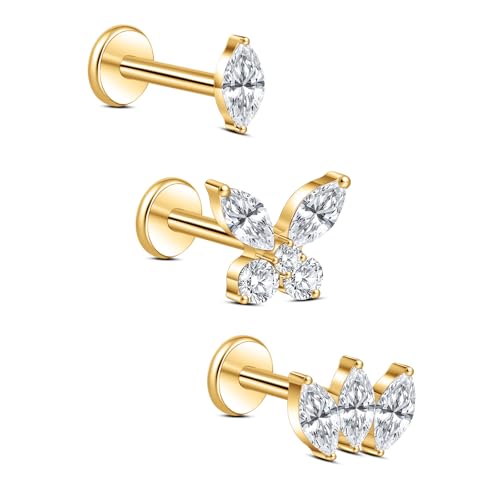 limerencia Titanium Internally Threaded Flat Back Earrings, 3 Pcs Implant Grade Hypoallergenic Studs, 18G Tragus Helix Conch Cartilage Piercing Jewelry for Sensitive Ears Women Men, Gold/Silver - color: Gold-Vibe C
