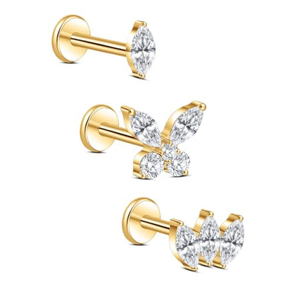 limerencia Titanium Internally Threaded Flat Back Earrings, 3 Pcs Implant Grade Hypoallergenic Studs, 18G Tragus Helix Conch Cartilage Piercing Jewelry for Sensitive Ears Women Men, Gold/Silver - color: Gold-Vibe C