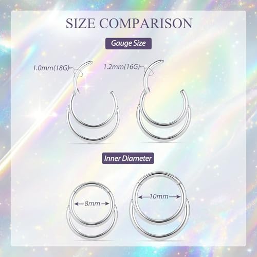GAGABODY Septum Jewelry 16 Gauge Earrings Double Hoop Daith Earring Surgical Steel Hinged Nose Rings Nose Hoop Helix Tragus Rook Piercing - color: Style5:1pc Silver+Smooth Surface