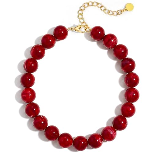 Multicolor Chunky Beaded Necklace, Statement Colorful Round Ball Beads Choker Necklace with Gold-Tone Adjustable Chain, Fashion Bold Neck Jewelry for Women - color: 20MM-Red