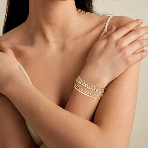 Bracelets for Women, Dainty Stackable Bracelet Stack Sets Tiny Box Chain Adjustable Bracelets Minimalist Cute Jewelry Paperclip Link Layered Waterproof Jewelry Sets Gifts - style: 6-PIECE IMITATION-DIAMOND