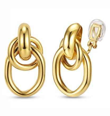 ORAZIO Clip On Earrings Women Geometric Statement Unique Non Pierced Earrings 14K Gold Plated Knot Chunky Drop Dangle Hoop Stud Clip-on Earrings for Women Trendy - color: Style B-Gold Plated