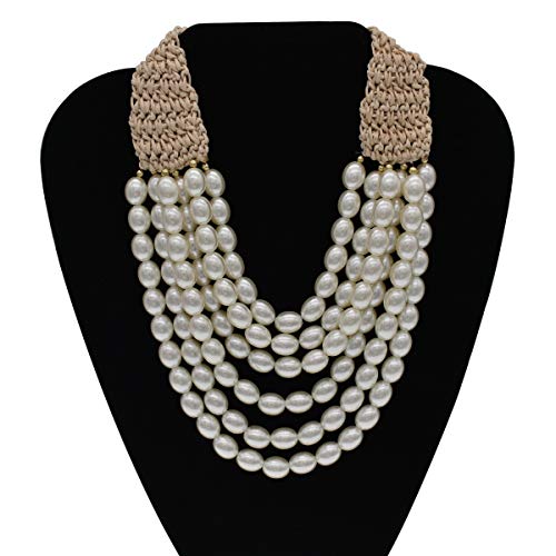 utop JNF Hand made Pearl Statement Necklace for Women Rhinestone Multilayer Crystal Necklaces Chunky Pearl Necklace Large Pearl Necklace and Earrings Set for Mother Mom's gift - color: white bead pearl necklace