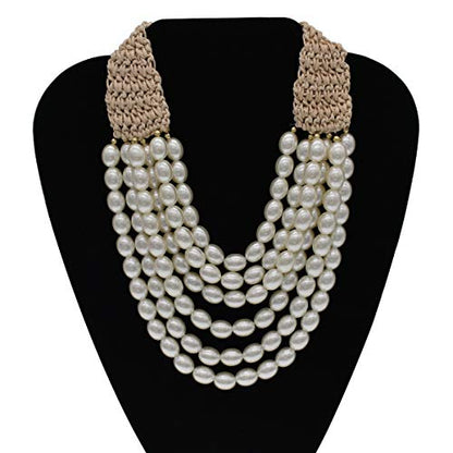 utop JNF Hand made Pearl Statement Necklace for Women Rhinestone Multilayer Crystal Necklaces Chunky Pearl Necklace Large Pearl Necklace and Earrings Set for Mother Mom's gift - color: white bead pearl necklace
