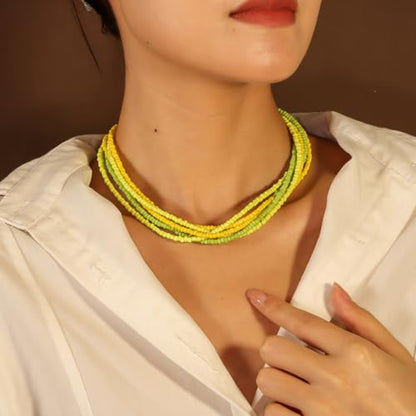 Colorful Multi-layered Seed Beaded Necklace Choker For Women Bohemian Handmade Crystal Stone Gemstone Hawaiian Necklace Holiday Birthday Summer Beach Jewelry Gift - color: Yellow