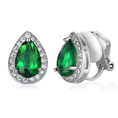 SELOVO Clip On earrings for Women Teardrop Cubic Zirconia Clip Earrings Stud - color: Green