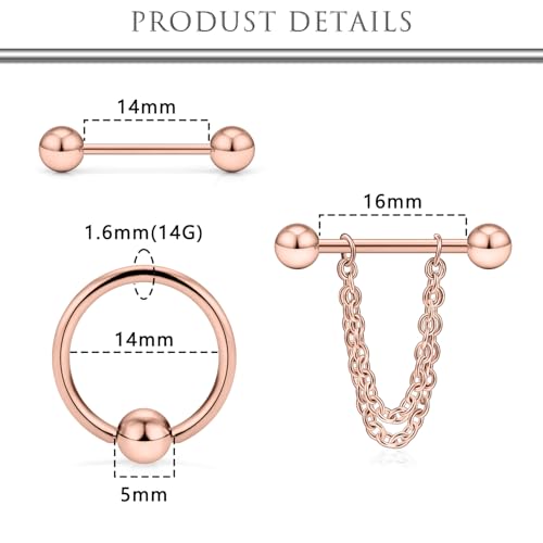 Hoeudjo 14Pcs 14G Surgical Steel Chain Dangle Nipple Rings Barbell Piercing Jewelry Retainer for Women - color: 7 Pairs/14G/Rose Gold