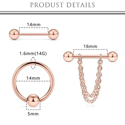 Hoeudjo 14Pcs 14G Surgical Steel Chain Dangle Nipple Rings Barbell Piercing Jewelry Retainer for Women - color: 7 Pairs/14G/Rose Gold
