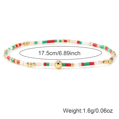 Colorful Gold Beaded Bracelets for Women Boho Tiny Gold Plated Ball Stretch Stackable Small Seed Beads Bracelet Stack Trendy Jewelry Set Dainty Vacation Friendship Christmas Gifts for Women - color: red green