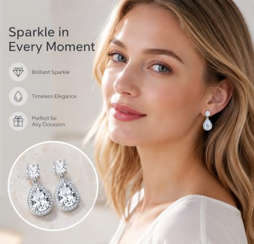 Drop Dangle Earrings Teardrop Gemstone Waterdrop White Gold Plated Crystal Hanging Cubic Zirconia Ruby Sapphire Emerald Jewelry Gift for Women Mother Wife - color: White
