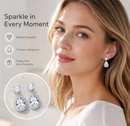 Drop Dangle Earrings Teardrop Gemstone Waterdrop White Gold Plated Crystal Hanging Cubic Zirconia Ruby Sapphire Emerald Jewelry Gift for Women Mother Wife - color: White