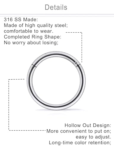 10PCS 20G/18G Surgical Steel Hinged Clicker Segment Nose Rings Hoops Septum Lip Ring Hoop Cartilage Tragus Helix Sleeper Earrings Piercing Jewelry for Women Men 6mm 7mm 8mm 9mm 10mm - color: 18g,6/7/8/9/10mm,slivertone