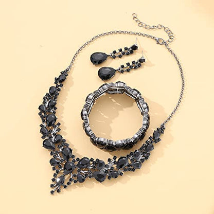 Rhinestone Bridal Jewelry Sets for Women Crystal Necklace Earrings Bracelet Set Silver-Tone Wedding Bridal Bridesmaid Gifts fit with Wedding Dress - color: C:3pcs-Black Tone Necklace + Earrings + Bracelet set