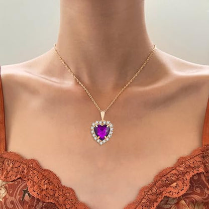 4 Pcs Heart Jewelry Set for Women fashion Cubic Zirconia Pendant Necklace Bracelet Earrings Dainty Open Ring Charm Prom Party, Birthday Valentines Mothers Day Christmas Jewelry Gift - style: Purple