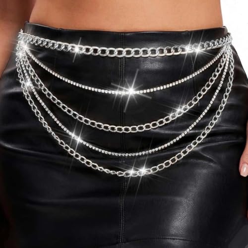 Chunky Gold Waist Chain for Women Rhinestone Layered Belly Belt Chains Beach Waist Chain Waterproof Cuban Body Chain Adjustable Bikini Body Jewelry Summer Beach Accessories Jewelry Gift - color: Silver