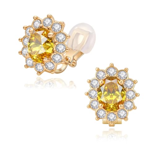 EVEVIC Oval Austrian Crystal Halo Clip On Earrings for Women | Oval Austrian Crystal with Zircon Halo,14K Gold-Plated,Silicone Comfort Pad,Gift Box Included,For Daily and Evening Events - color: Citrine