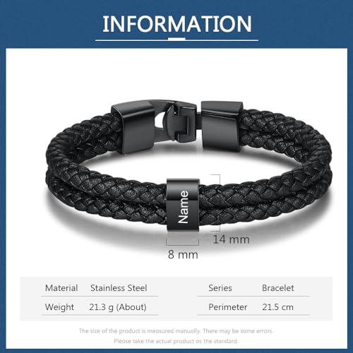 Personalized Braided Leather Bracelet with Photo Custom Name Beads Cuff Bangle Jewelry Gifts for Men Dad Husband Grandpa Fathers Day - color: Style 2-Black-8.5inch