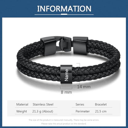 Personalized Braided Leather Bracelet with Photo Custom Name Beads Cuff Bangle Jewelry Gifts for Men Dad Husband Grandpa Fathers Day - color: Style 2-Black-8.5inch