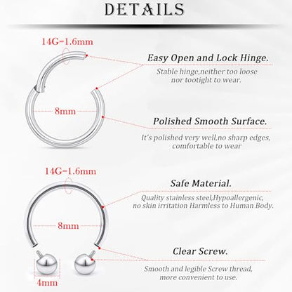 18G-2G Septum Rings 316L Surgical Steel Horseshoe Gauges Earrings Septum Nose Ring Silver Cartilage Helix Tragus Daith Rook Earring Hoop Lip Piercing Jewelry for Women Men - style: 14G(1.6mm)-Dia:8mm