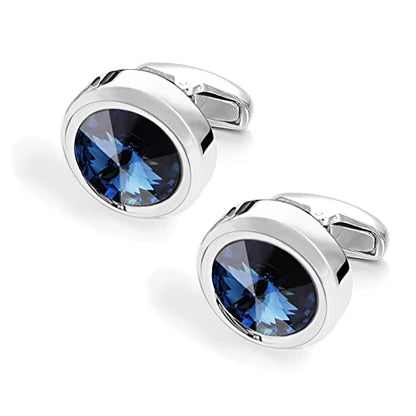 Mens Cufflinks Elegant Style Cuff Link Super Shiny Navy Blue Crystal Circular Cufflinks with Gift Box - color: Blue