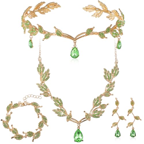 Wedding Jewelry Set for Women, Rhinestone Leaf Tiara Headband Crown Necklace Earrings Bracelet for Women - color: Gold,Green
