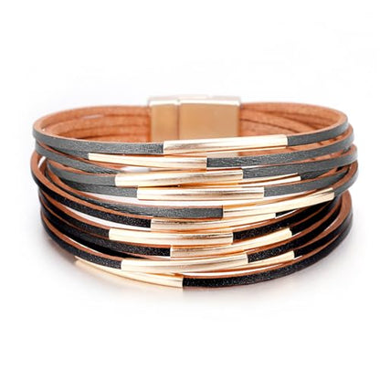 Fesciory Leather Wrap Bracelets for Women, Boho Western Layered Jewelry | Layered leather cuff bracelets, Easy on and off, Boho western style, Daily wear, Gift for women - color: Black and Gray 1