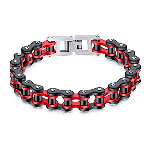 jonline24h Mens Womens Stainless Steel Motorcycle Biker Chain Heavy Bracelet Rock Link Wristband - color: Red Black