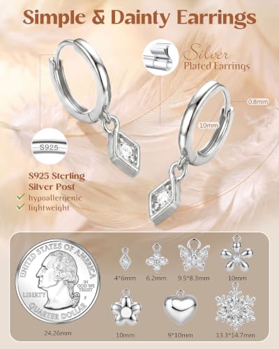 FIBO STEEL 14K Gold Plated Hoop Earrings with Charms for Women Huggie Hoops | Hypoallergenic 925 Sterling Silver Post Dangle Earrings Small Silver Gold Hoops Earring Cubic Zirconia Dangle Drop Jewelry - color: Rhombus - Silver Plated