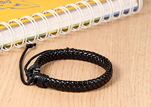 Leather Surfer Cuff Bracelet: Adjustable Braided Rope Woven Wrap Wristband for Men Women, Fit 7.6-10.6 inch Wrist - color: Black