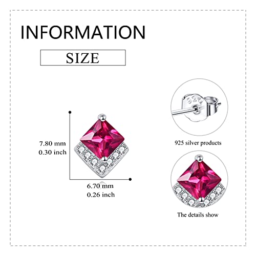 Birthstone Stud Earrings Sterling Silver Square Created Crystal Earrings Cubic Zirconia Hypoallergenic Piercing Jewelry Small Gifts for Women Mothers - color: Jul-Ruby