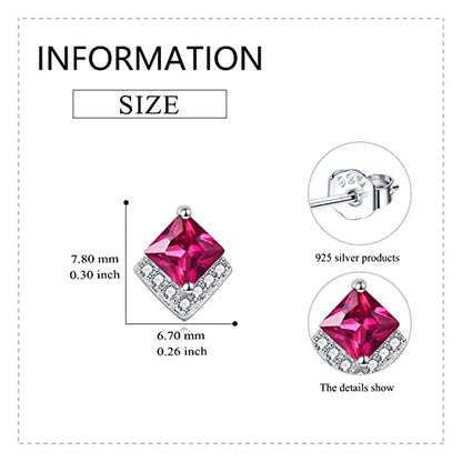 Birthstone Stud Earrings Sterling Silver Square Created Crystal Earrings Cubic Zirconia Hypoallergenic Piercing Jewelry Small Gifts for Women Mothers - color: Jul-Ruby