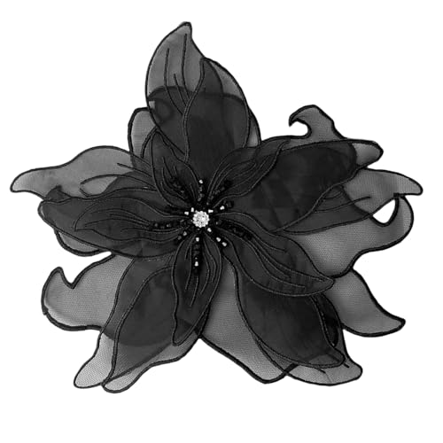 Exaggerated Organza Fabric Flower Brooch Pin for Women Girls Fashion Dainty Layered Big Beaded Corsage Boutonniere Brooches Lapel Pins Delicate Wedding Birthday Holiday Dress Accessories Jewelry Gift - color: Black