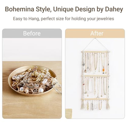 Dahey Hanging Jewelry Organizer Macrame Necklace Holder with 30 Hooks Wall Mounted Jewelry Hanger Over Door Necklace Rack with Tassel for Necklace Bracelet Earring Headband Bow Organizer