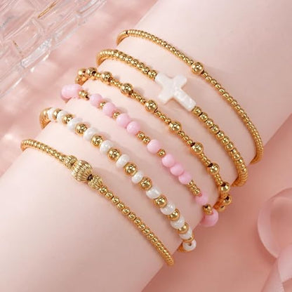 Gold Beaded Bracelets Stack for Women Stackable 14K Gold Plated Beads Ball Cross Bracelet Boho Christian Jewelry Faith Friendship Birthday Gifts for Women - color: 6pcs-Pink White