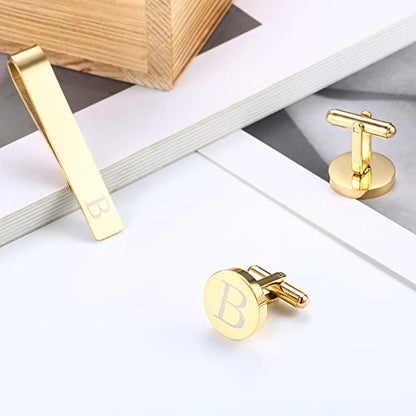 LOYALLOOK Black Initial Cufflinks and Tie Clip Set for Men Personalized Copper Cuff links and Tie Bar Letter Alphabet A-Z Gift for Father Husband Valentine Gifts for Men - color: B
