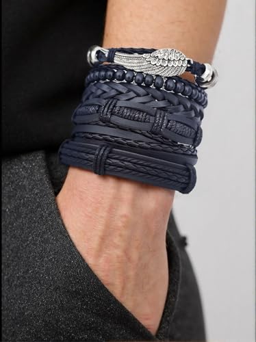 8Pcs Punk Leather Bracelet Set for Men & Women, 6Pcs Braided PU Cuffs, Necklace & Keychain, Adjustable, Stackable - style: Wings