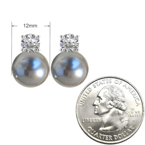 Faux Pearl Cubic Zirconia Stud Earrings, Hypoallergenic Lightweight Round Pearl Studs for Women - color: Blueish Silver, size: Pearl 12mm-CZ 6mm