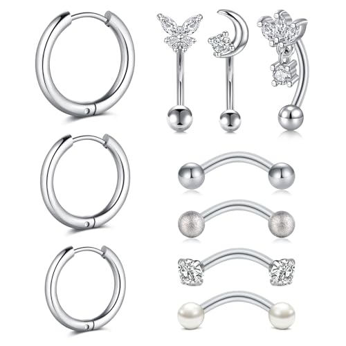 Anicina Rook Curved Barbell Piercing Jewelry Surgical Steel Rook Earrings Eyebrow Rings for Women Horseshoe Rook Eyebrow Septum Piercing Hoop 16G Silver Black - color: A-10pcs-silver