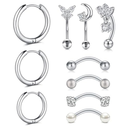 Anicina Rook Curved Barbell Piercing Jewelry Surgical Steel Rook Earrings Eyebrow Rings for Women Horseshoe Rook Eyebrow Septum Piercing Hoop 16G Silver Black - color: A-10pcs-silver