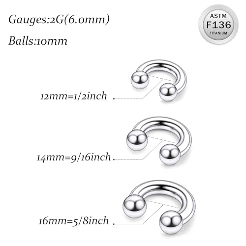 Ruifan 20G 18G 16G 14G 12G 8G 6G 4G 2G Horseshoe Nose Ring Titanium Septum Rings Piercing Jewelry Internally Threaded Gauges Cartilage Conch Helix Rook Lip Tragus Earring Hoop Eyebrow For Women Men - size: Ball: 2G - 12MM