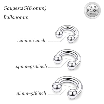 Ruifan 20G 18G 16G 14G 12G 8G 6G 4G 2G Horseshoe Nose Ring Titanium Septum Rings Piercing Jewelry Internally Threaded Gauges Cartilage Conch Helix Rook Lip Tragus Earring Hoop Eyebrow For Women Men - size: Ball: 2G - 12MM
