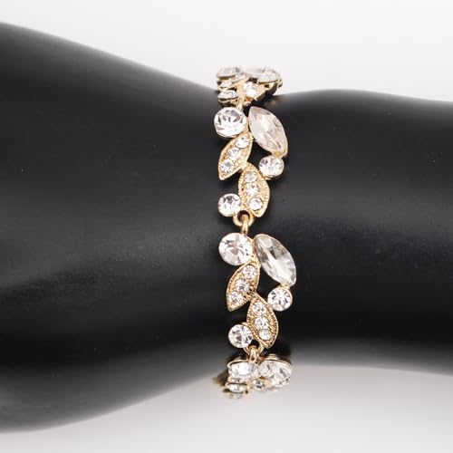 QLLYHLH Woman’s Brides Bridesmaid Leaf Choker Necklace Dangle Earrings Link Bracelet Austrian Crystal Wedding Jewelry Set Prom Costume Party Events | Brides, Bridesmaid, Prom, Events, Costume Party, Leaf - color: White-Gold Plated