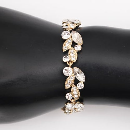 QLLYHLH Woman’s Brides Bridesmaid Leaf Choker Necklace Dangle Earrings Link Bracelet Austrian Crystal Wedding Jewelry Set Prom Costume Party Events | Brides, Bridesmaid, Prom, Events, Costume Party, Leaf - color: White-Gold Plated