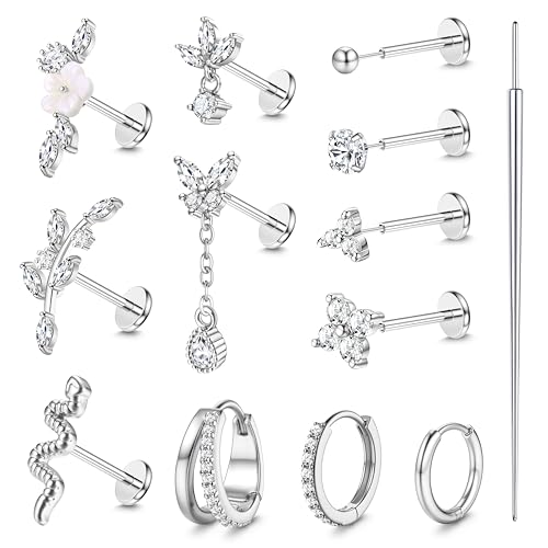 20G 18G Threadless Flat Back Earrings 316L Surgical Steel, 12PCS | Hypoallergenic Push in Stud Earrings, 14K Gold Plated Cartilage Earring Stacks, Helix Conch Tragus Nose Piercing Jewelry - color: Silver Tone, size: 20G-6MM Bar