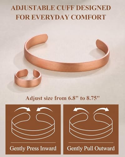 Pure Copper Bracelet and Ring Set – Copper Bracelet for Men & Women – 100% Solid, Raw & Uncoated Handmade Hammered Tibetan Cuff Bangle - color: copper076-set