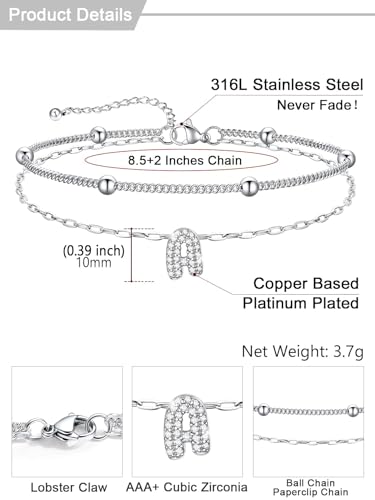 U7 Initial Ankle Bracelets for Women Silver/Gold Anklets Waterproof, 14K Gold Plated Layered Anklets Bracelet Stainless Steel Hypoallergenic 8.5"-10.5" - color: Silver-CZ, size: A