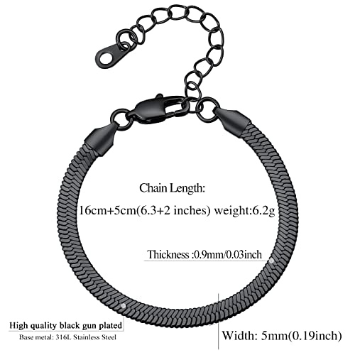 FindChic Elegant Herringbone Snake Chain Anklets/Bracelets 3MM/5MM Width Stainless Steel/18K Gold/Rose Gold Plated/Black 4 Color Options, 8.3'' 8.5'' 10.5'' Length, with Gift Box - color: B: 5mm 6.3'' bracelet (Black)
