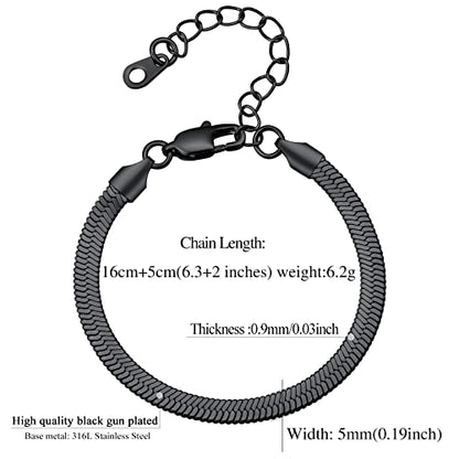 FindChic Elegant Herringbone Snake Chain Anklets/Bracelets 3MM/5MM Width Stainless Steel/18K Gold/Rose Gold Plated/Black 4 Color Options, 8.3'' 8.5'' 10.5'' Length, with Gift Box - color: B: 5mm 6.3'' bracelet (Black)
