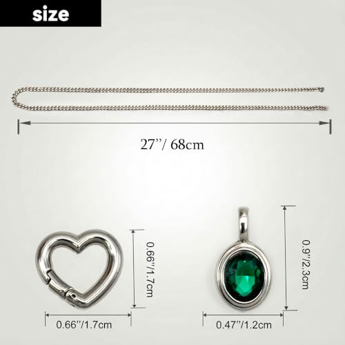 Heart Slip Chain Necklace for Women, Cuban Chain with Removable Heart O-Ring and Crystal Pendant, Adjustable Y Lariat Necklace - color: Silver-Green-27