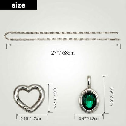Heart Slip Chain Necklace for Women, Cuban Chain with Removable Heart O-Ring and Crystal Pendant, Adjustable Y Lariat Necklace - color: Silver-Green-27